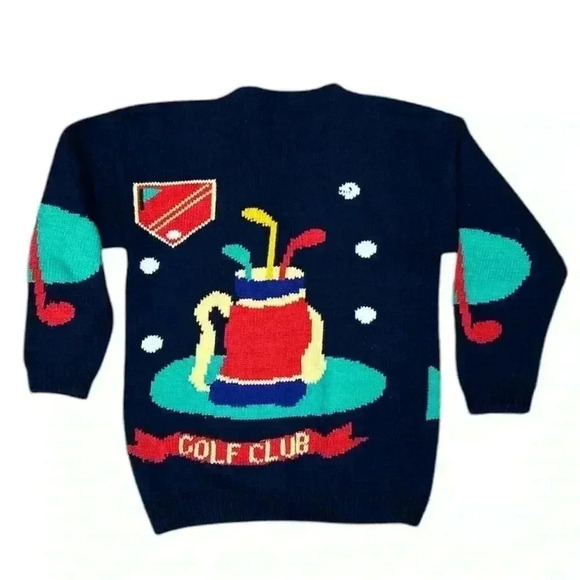 Lumy Hand Knitted Vintage Golf Theme Cardigan Sweater Size Large - Picture 2 of 7